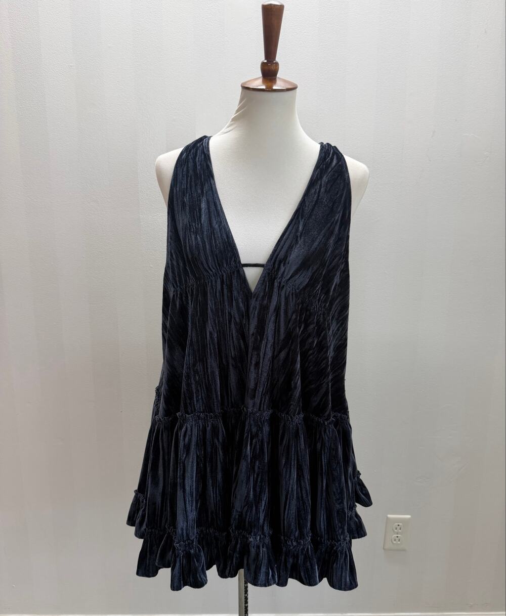 Free People Blue Velvet Tunic Top Boho Tiered Ruffle Deep V Back Tie Sz S